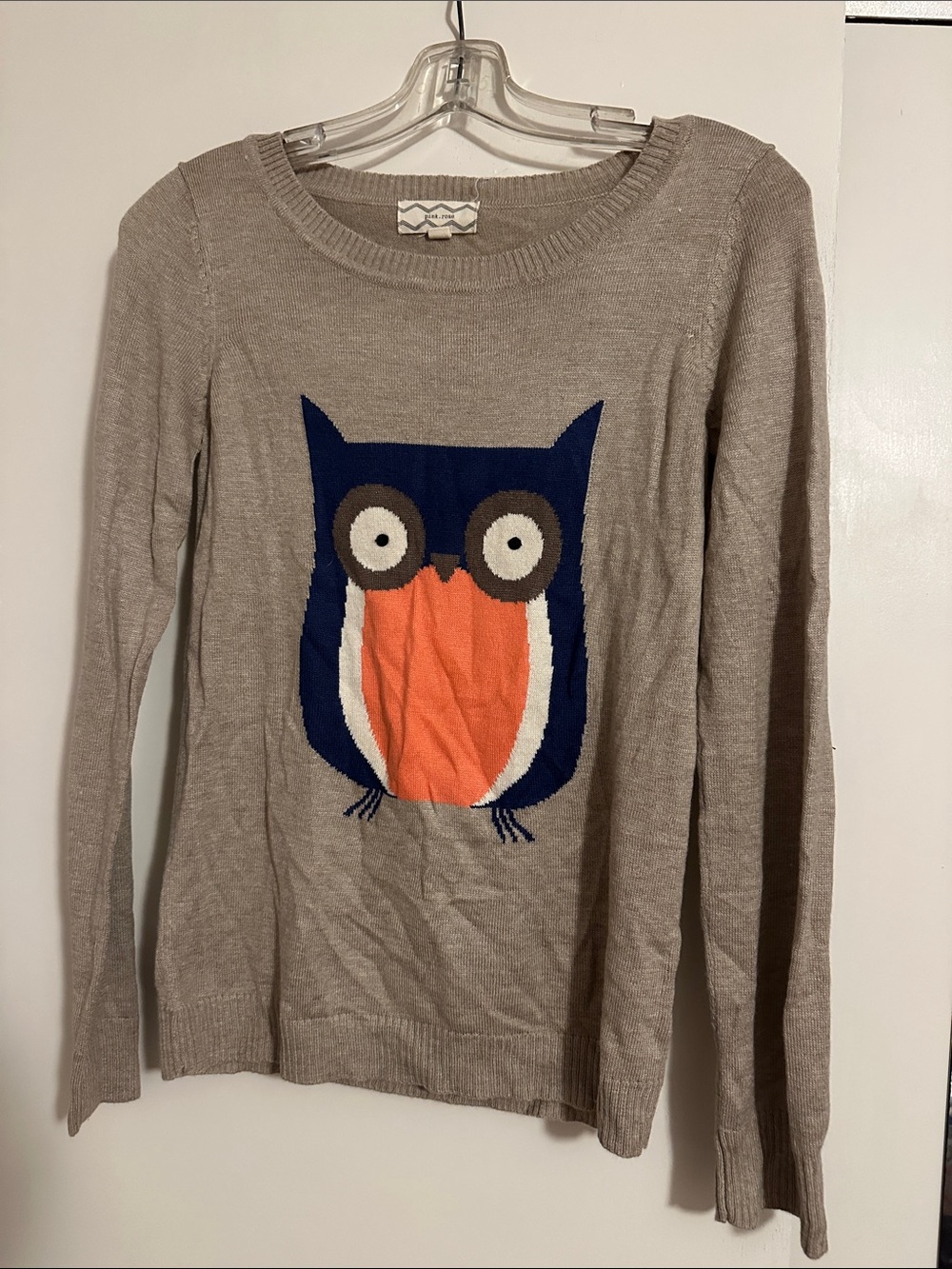 Pink Rose Beige Crewneck Sweater with Navy & Orange Owl